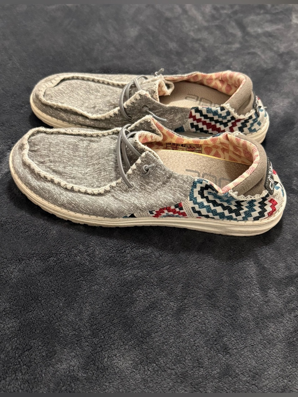 Hey Dude Women's Grey Slip-On Sneakers with Multicolor Chevron Trim